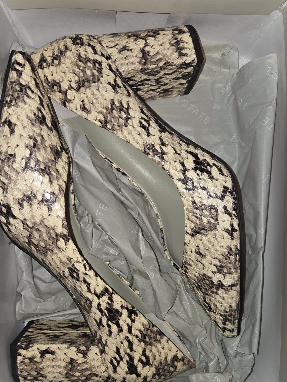 1. State Cream and Black Snake-Print Block Heels